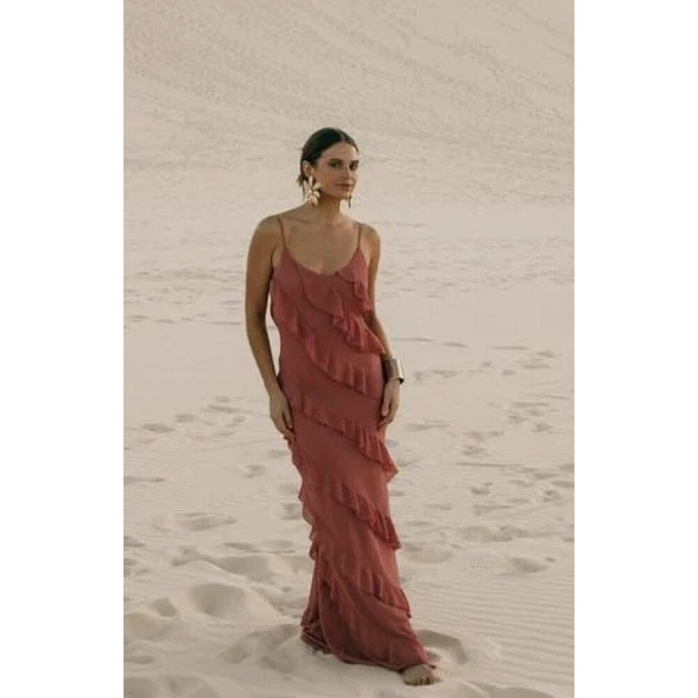 PETAL & PUP Ciao Ruffle Chiffon Gown in Rosewood Size Small - Picture 7 of 8